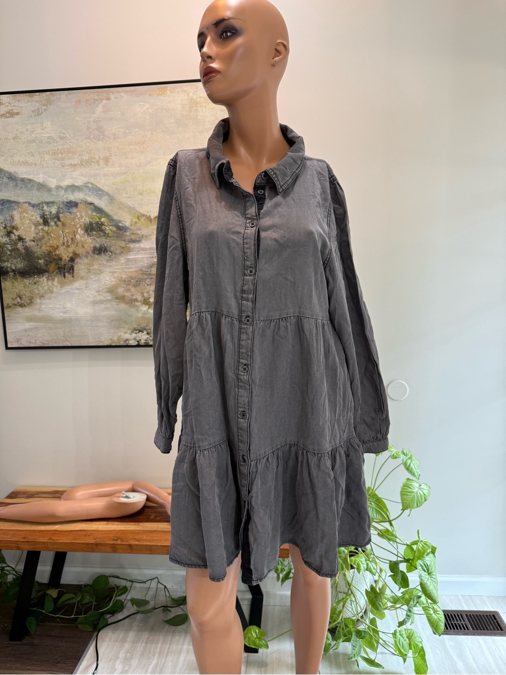 Serra Gray Long-Sleeve Tiered Button-Front Dress large denim new pockets